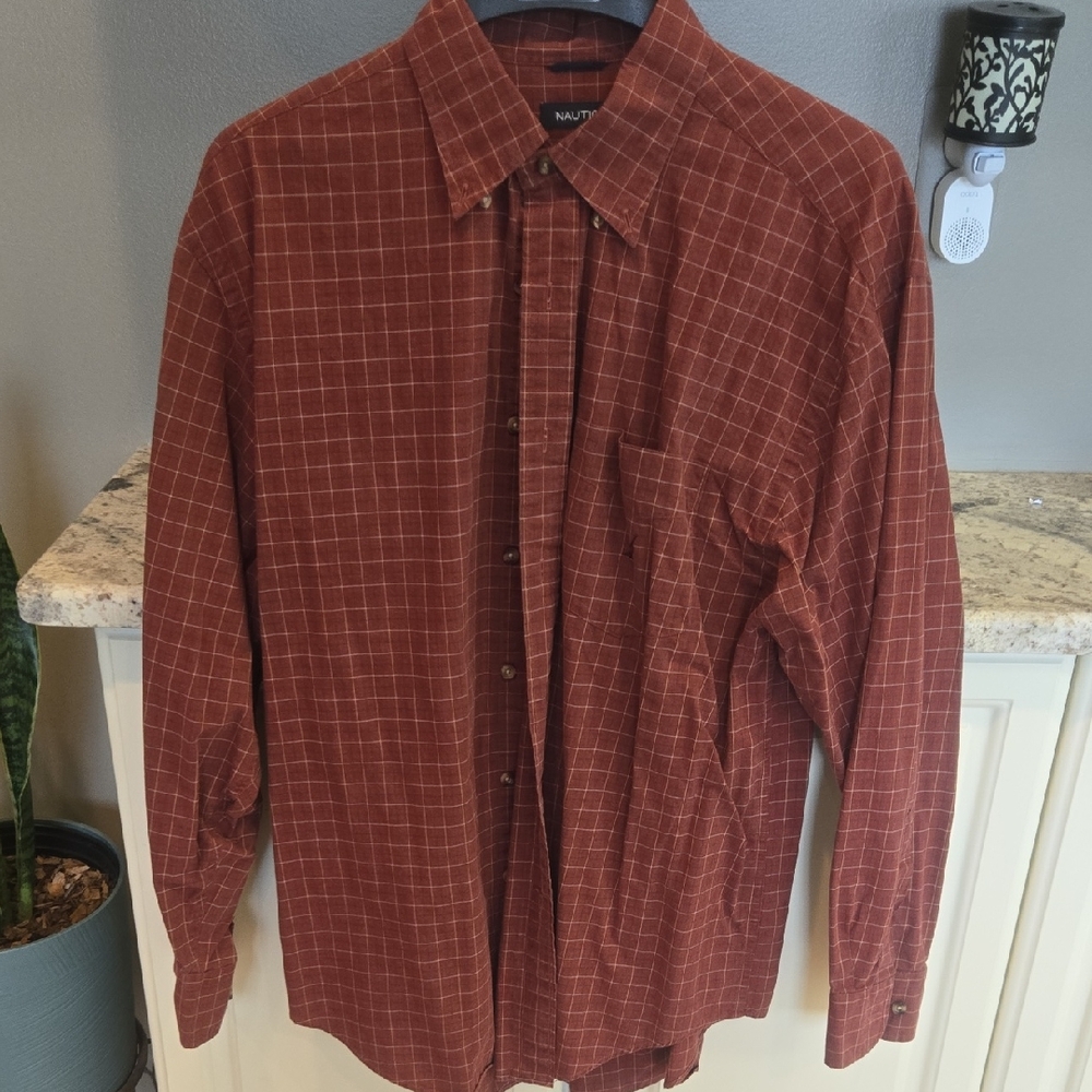 Nautica Men's Brick Red Windowpane Button-Down Shirt Large 100% Cotton